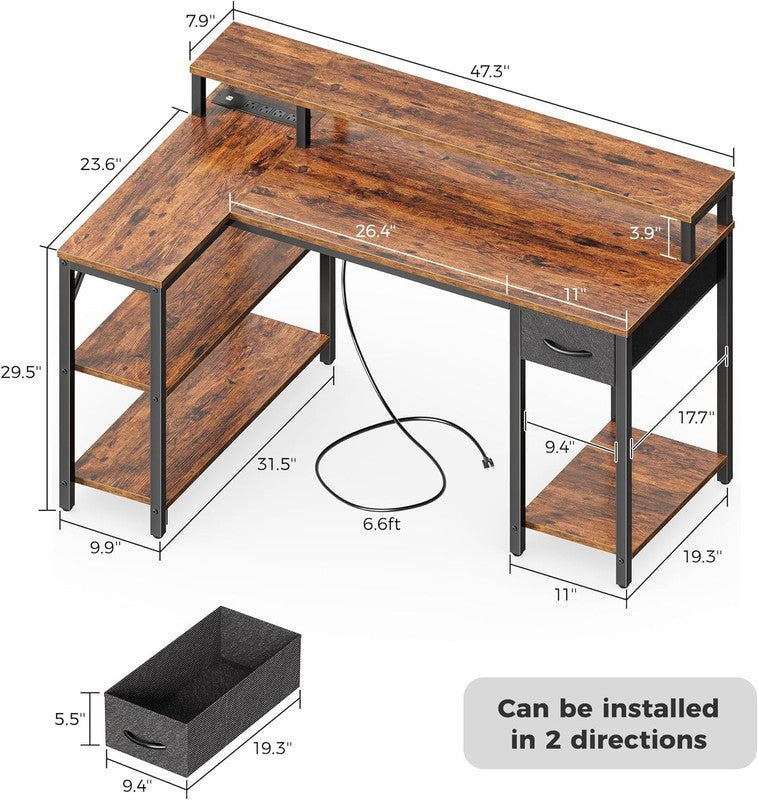 47'' Reversible L Shaped Desk LED Lights Power Outlets Gaming Rustic2