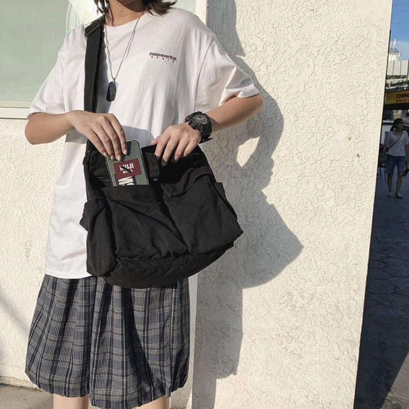 Aesthetic Cute Bag School Vintage Black Canvas Crossbody Shoulder Laptop Bag4