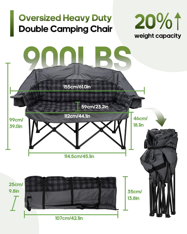 Heavy Duty Double Camping Chair Loveseat Folding Sofa w/ Cup Holders Gray2