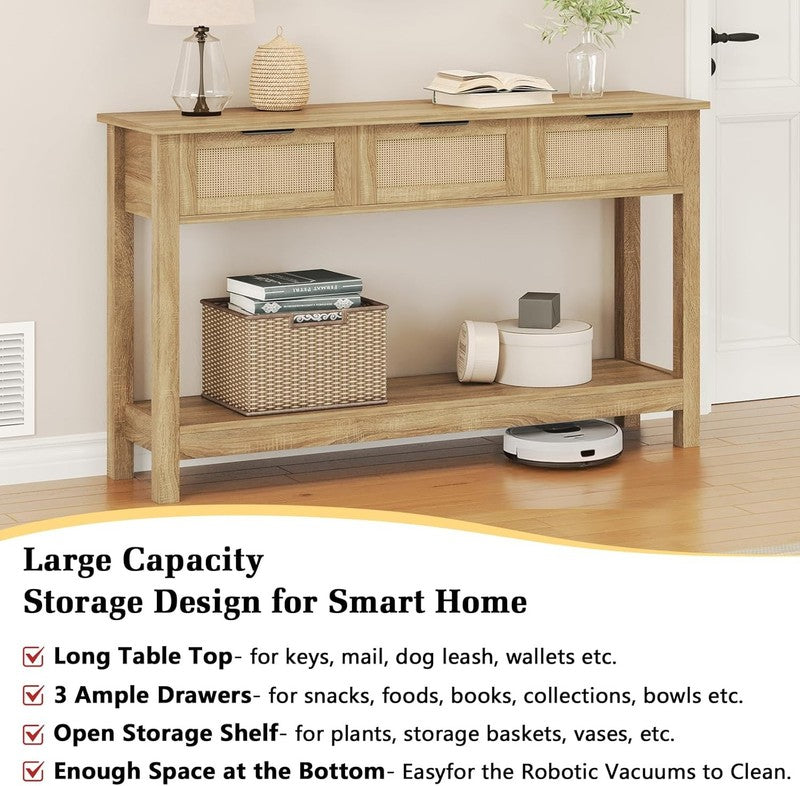 47'' Rattan Console Table Natural Boho Entryway Sofa Table 3 Drawer Storage4