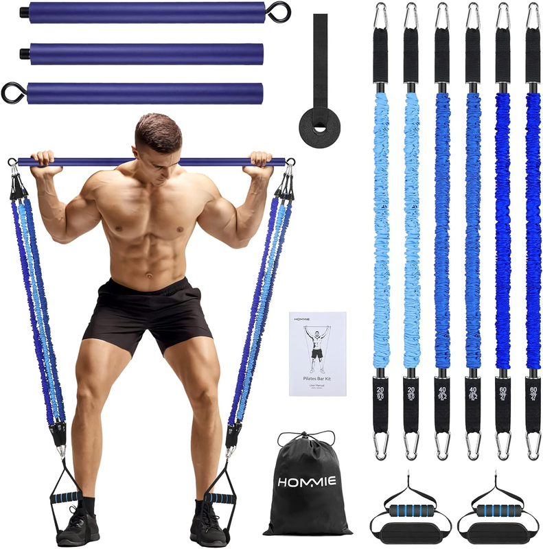 Portable 3-Section Pilates Bar Kit w/ Resistance Bands 20-60lb Full Body10