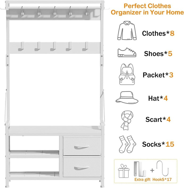 Hall Tree Entryway Bench with Coat Rack & Storage 5-in-1 White 31.5"3