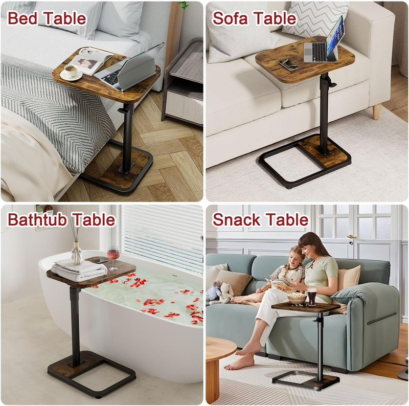 C-Shaped Swivel End Table Adjustable Side Table Rustic Brown Wood6