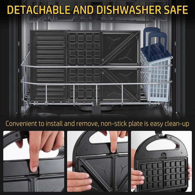 3 in 1 Sandwich Maker Panini Waffle Press Nonstick 750W Compact Black4