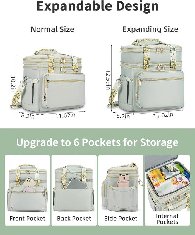 Double Deck Expandable Insulated Lunch Bag Green Women1