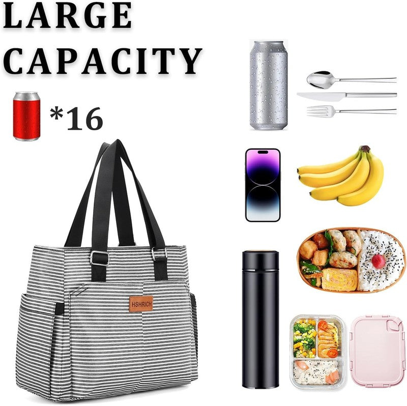 Large Insulated Lunch Bag Women Leakproof Cooler Tote 12L Stripe Reusable2