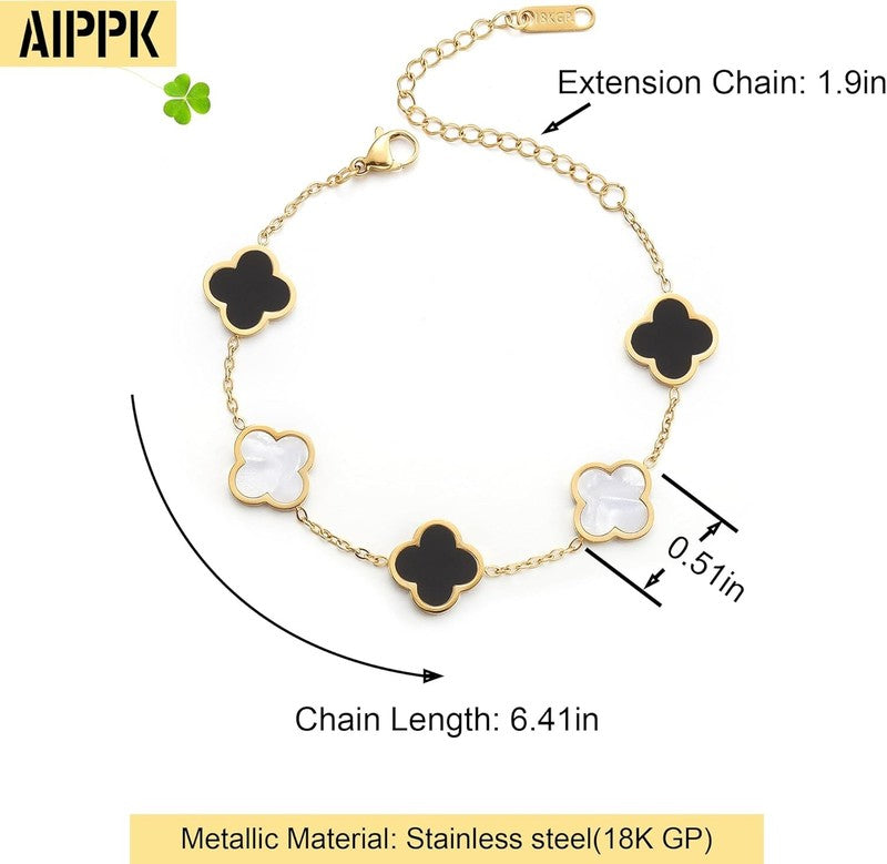 18K Gold Plated Clover Bracelet Women 4-Leaf Flower White Black1