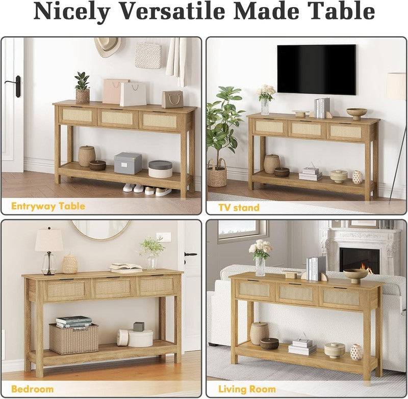 47'' Rattan Console Table Natural Boho Entryway Sofa Table 3 Drawer Storage6