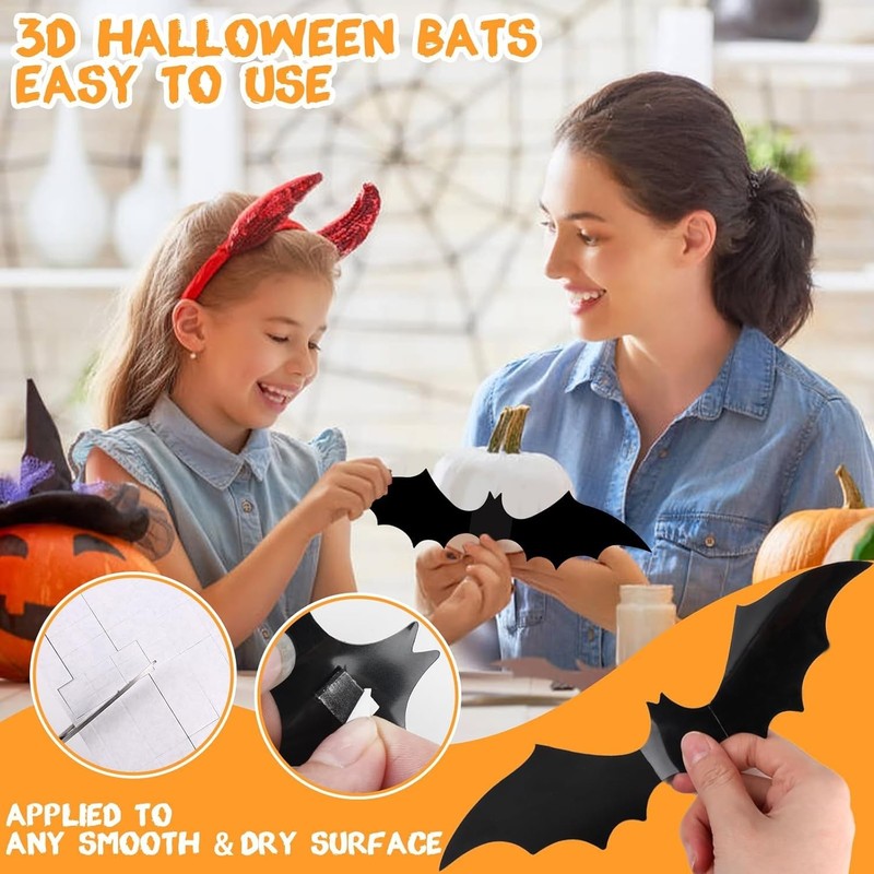 120-Piece 3D Halloween Bat Wall Decor – Waterproof Black Bat Stickers in 4 Sizes4
