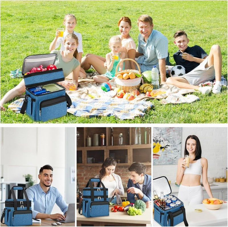 Insulated Lunch Bag & Box 15L Double Deck Reusable Cooler Tote Leakproof Blue6