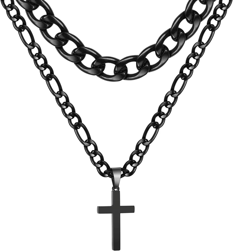 Layered Black Cross Necklaces for Men Cuban Figaro Chain Set Gift for Dad10