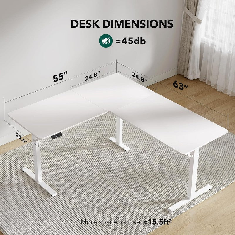 L-Shaped 63x55 Electric Standing Desk Adjustable Height Corner White2