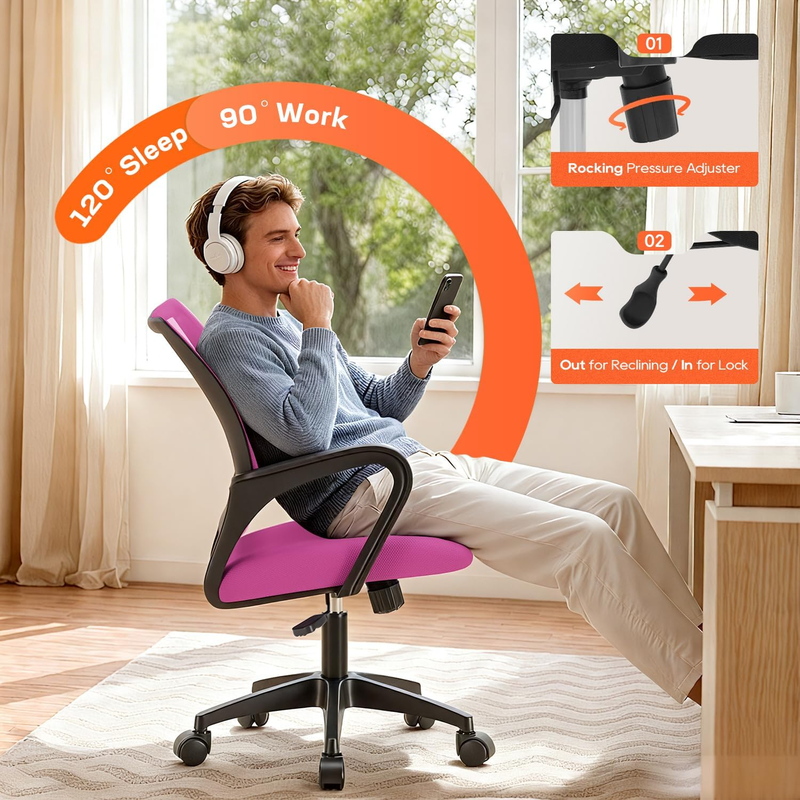 Ergonomic Office Chair Mid Back Swivel Desk Chair Lumbar Support Pink3