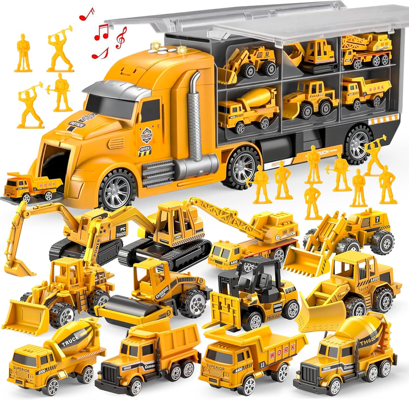 25 in 1 Construction Truck Toy Set with 12 Vehicles 12 Worker Figures Sound Ligh0