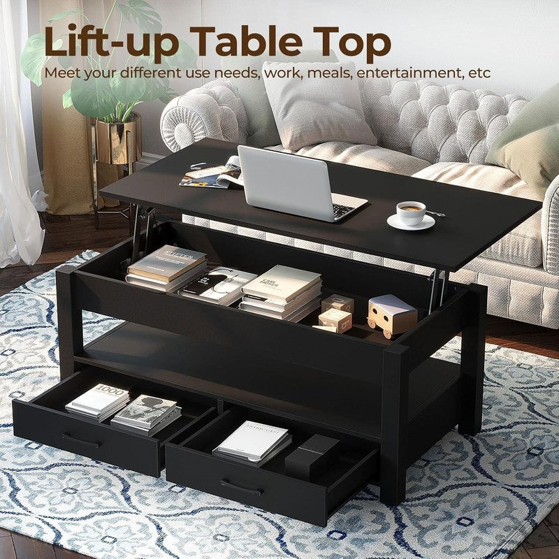 Lift Top Coffee Table w/ Drawers Hidden Compartment Retro Wooden Black3