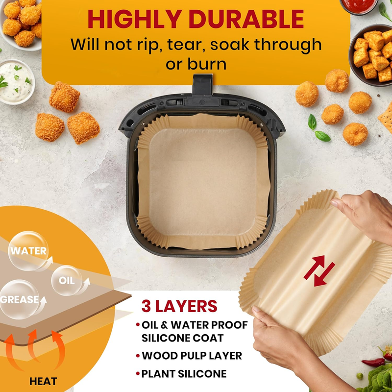 125 Air Fryer Paper Liners 8 Inch Square Non Stick Disposable Oil Proof3