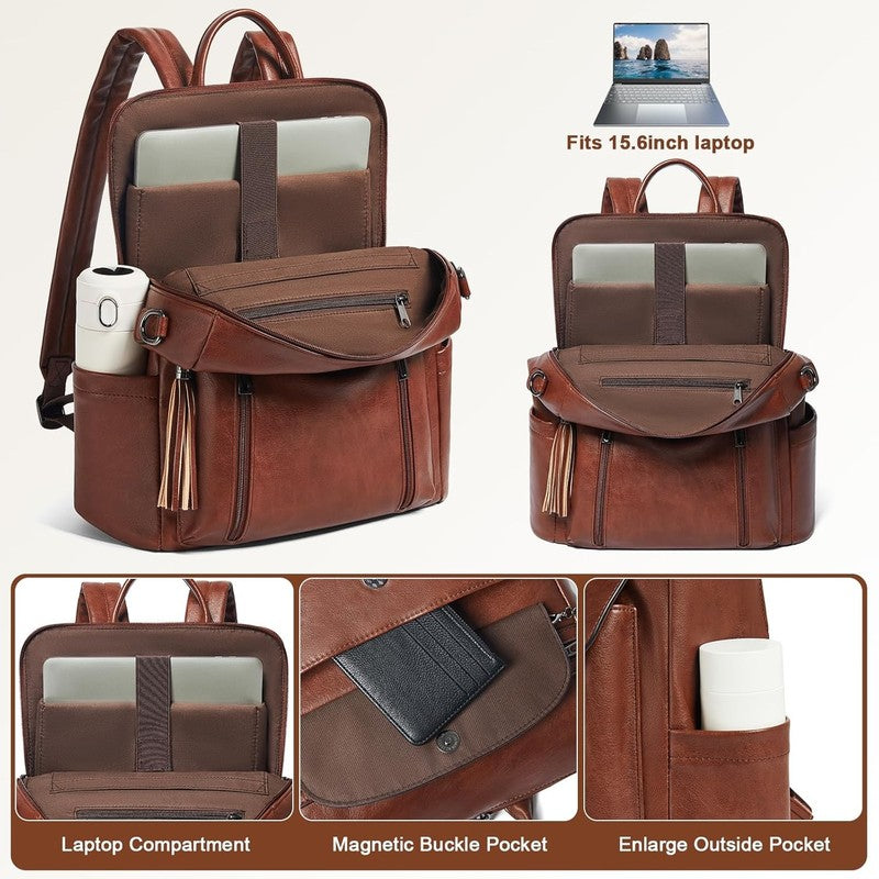 Women Laptop Backpack 15.6" Leather Travel Work Water Resistant Brown5