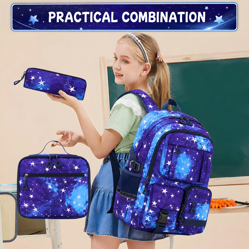 Girls 3PCS Backpack Set School Bookbag Blue Galaxy2