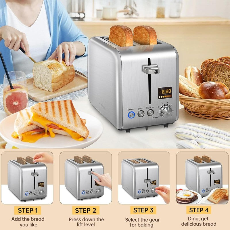 Silver 2 Slice Toaster Stainless Steel - LCD Display, 7 Shades, Bagel, Defrost4