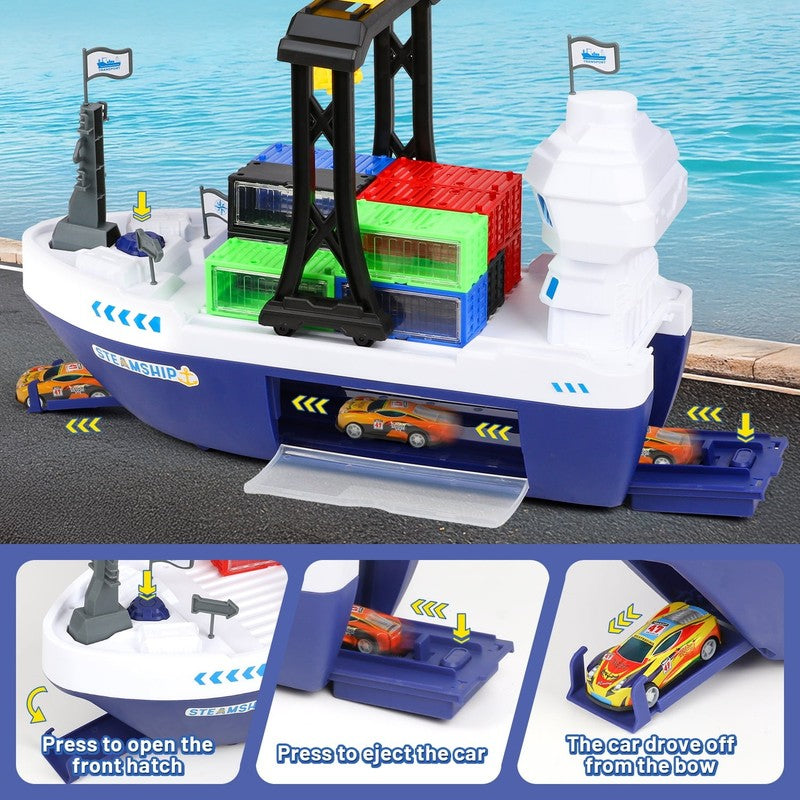 Cargo Ship Toy & Gantry Crane for Kids, Toy Boat and Crane Playset with 6 Race C2