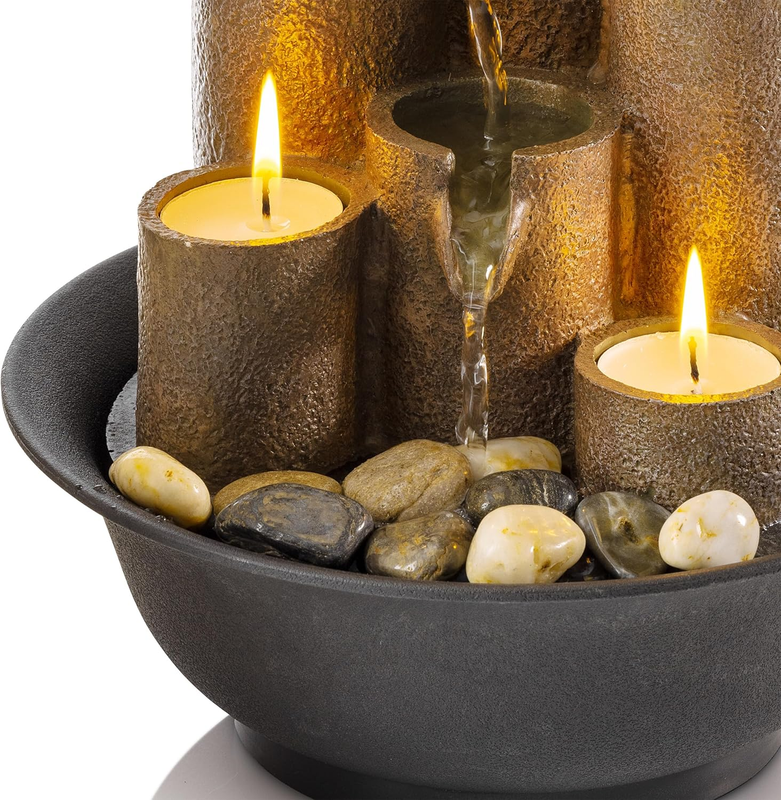 WCT202 Indoor Tabletop Tiered Water Fountain Featuring 3 Candles for Desktop and10