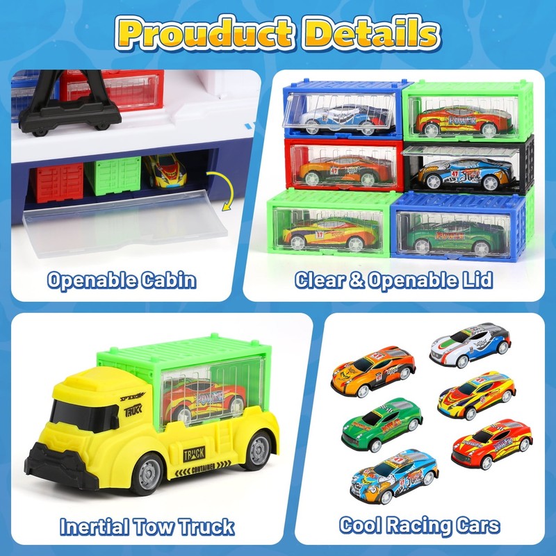 Cargo Ship Toy & Gantry Crane for Kids, Toy Boat and Crane Playset with 6 Race C5