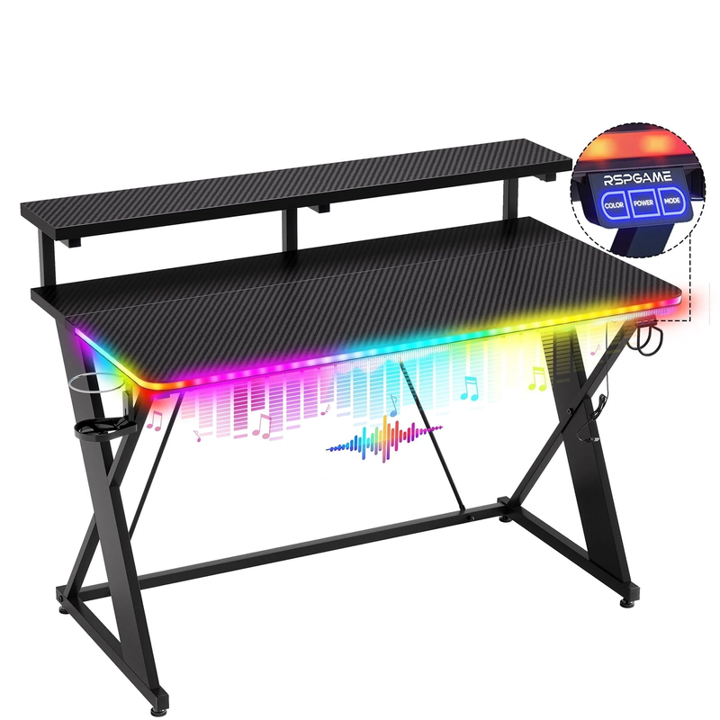 43" X-Shaped Gaming Desk with Music Sync LED, Monitor Stand Black Racing10