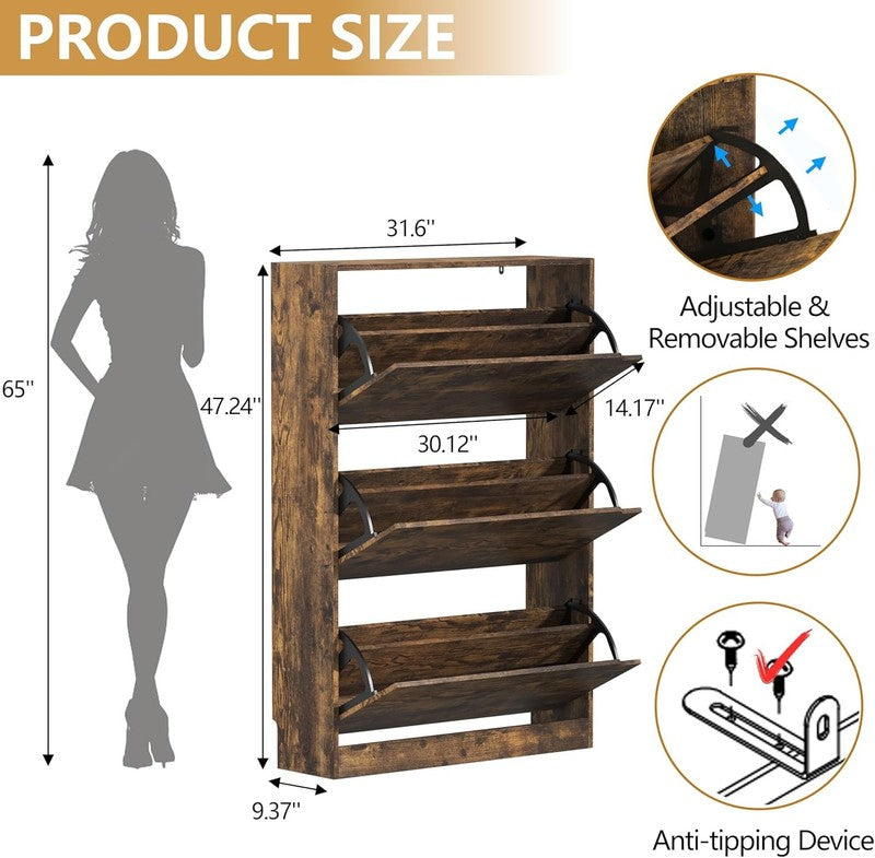 47'' Shoe Cabinet 3 Flip Drawers Slim Wood Storage Rack Organizer Entryway Brown1