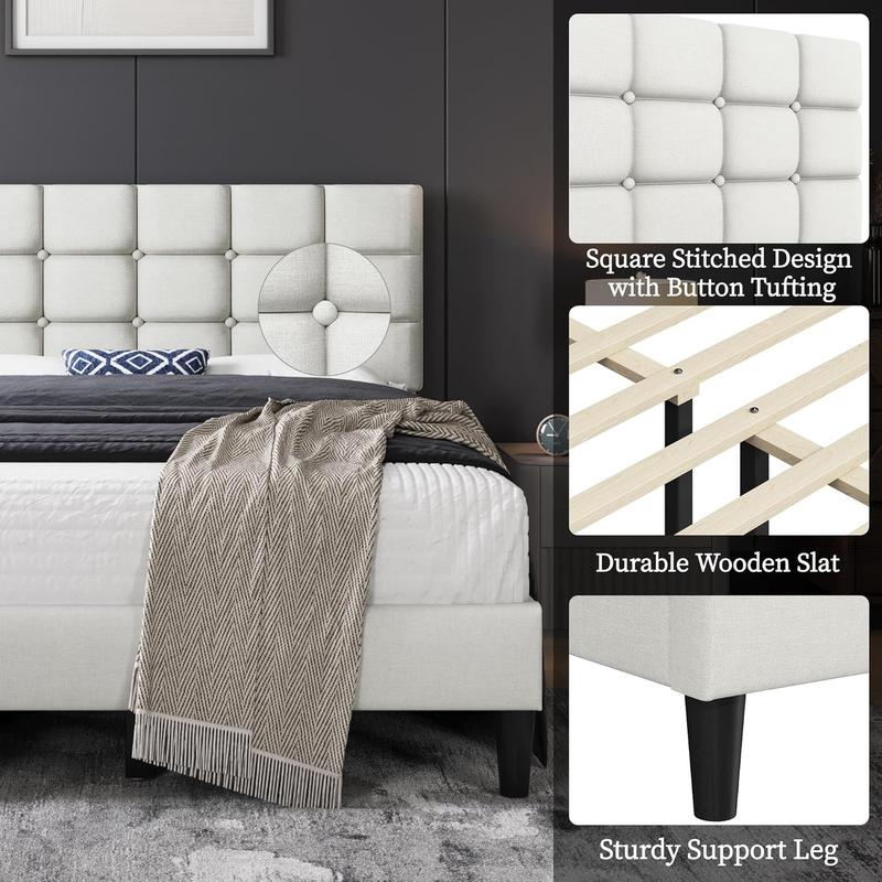Upholstered Full Bed Frame Tufted Headboard Adjustable Wood Slats Beige Platform3