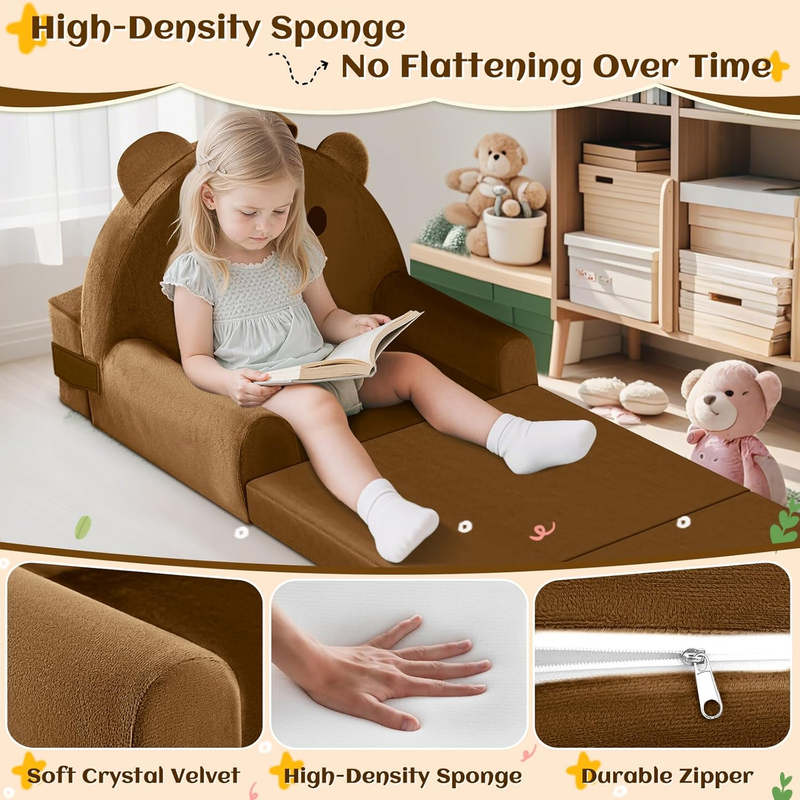 Kids Foldable Sofa Bed w/ Washable Cover, Crystal Velvet Toddler Chair Brown6