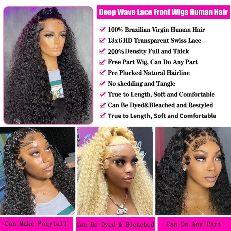 13X6 Deep Wave Lace Front Wigs Human Hair 200% Density 26 Inch Curly Human Hair 2