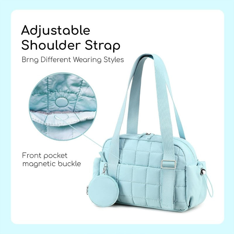 Mini Gym Bag Women Quilted Duffel Wet Compartment Coin Purse Blue 12.6"4