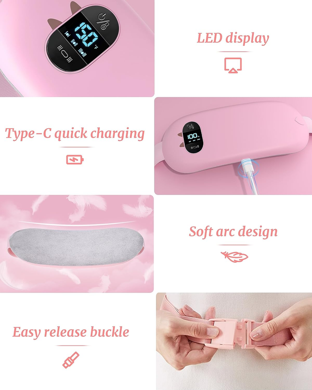 Portable Cordless Heating Pad Back Pain Belt 6 Heat Vibrating Modes Pink6