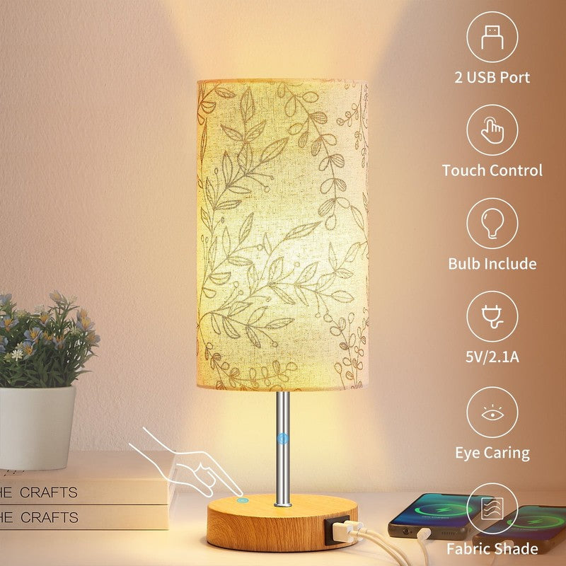 15" 3 Way Dimmable Table Lamp w/ USB Leaf Print Touch Control Bedside Lamp1