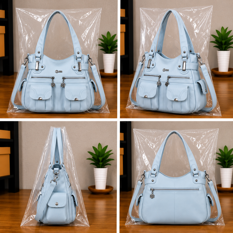 Women's Large PU Leather Hobo Tote Multi Pocket Shoulder Bag0