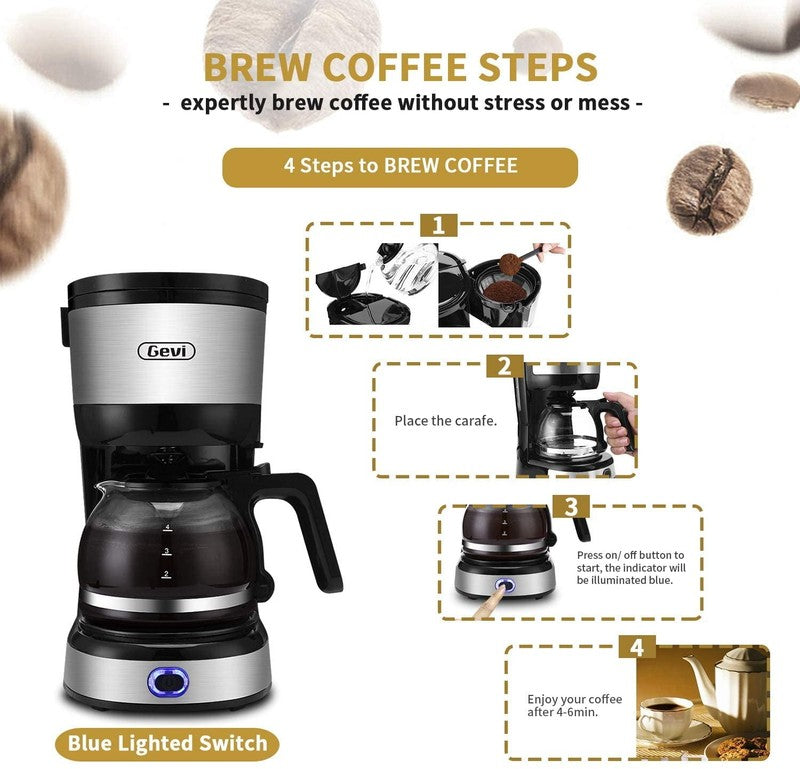 Compact 4 Cup Drip Coffee Maker Glass Carafe Cone Filter Stainless Steel Pot2
