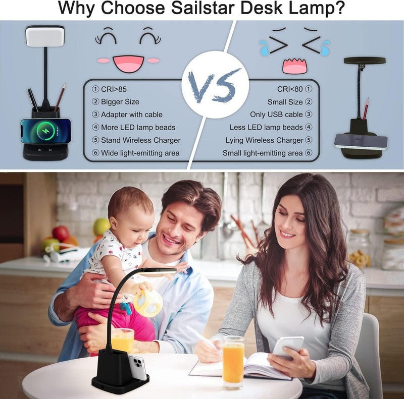 LED Desk Lamp with Wireless Charger & Pen Holder, Dimmable 3 Color Modes3