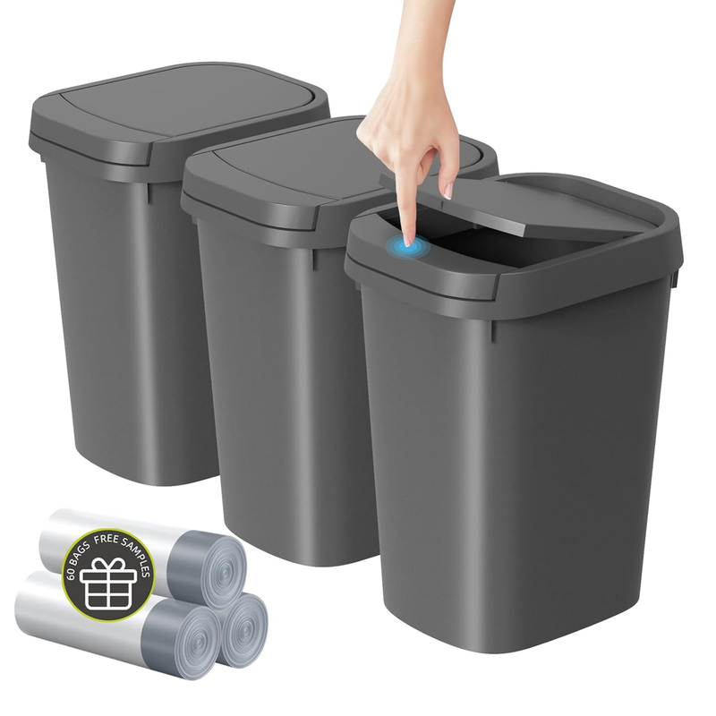 3-Pack 2.6 Gal Slim Trash Cans with Pop-Up Lid, Gray Plastic Waste Bins9