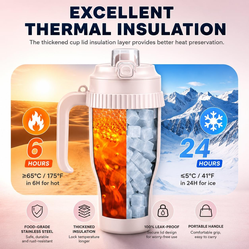 40oz Stainless Steel Tumbler with Handle & USB Fan 5000mAh Insulated Leak  Cup1