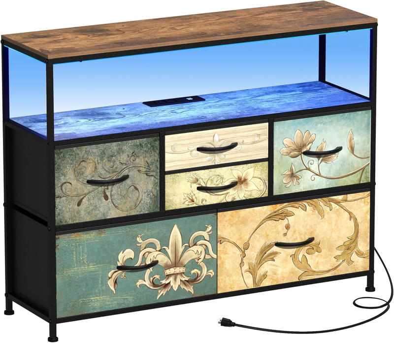 TV Stand Dresser with Power Outlet LED Light 6 Fabric Drawers Retro Storage10