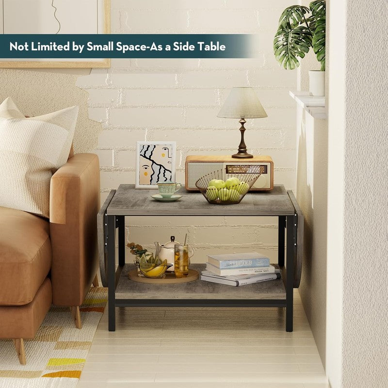 2 Tier Folding Coffee Table, Gray Wash, Vintage Farmhouse, with Storage4