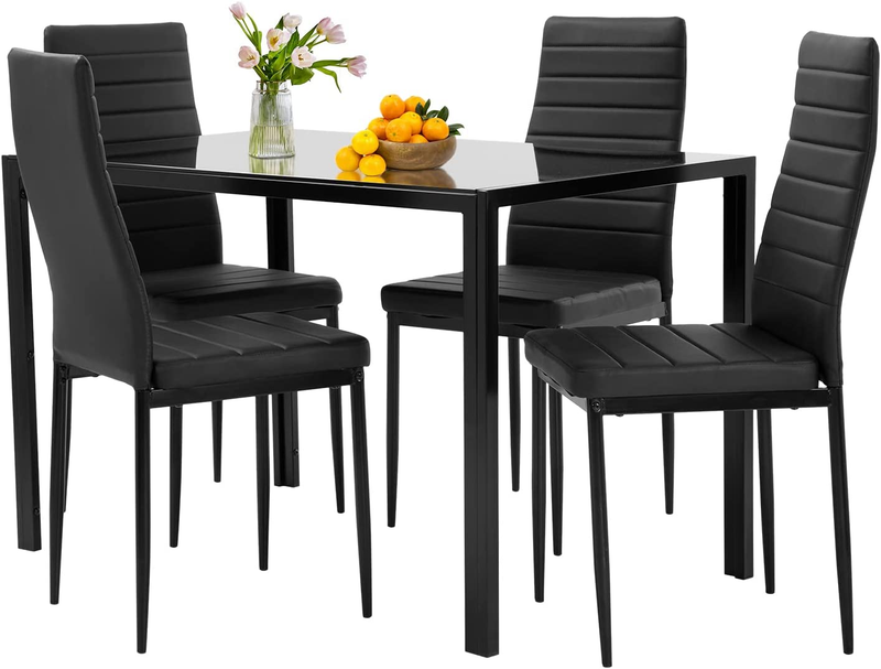 5 Piece Dining Table Black Glass Table 4 Upholstered Faux Leather Easy Assembly11