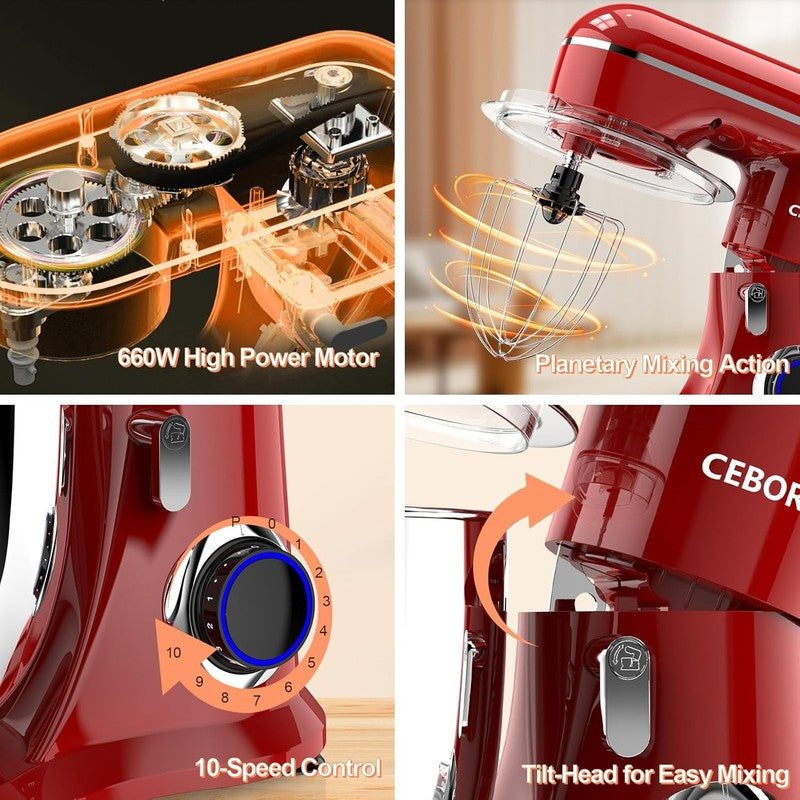 3-in-1 Stand Mixer 6.5QT 660W 10-Speed w/ Dough Hook Whisk Beater3