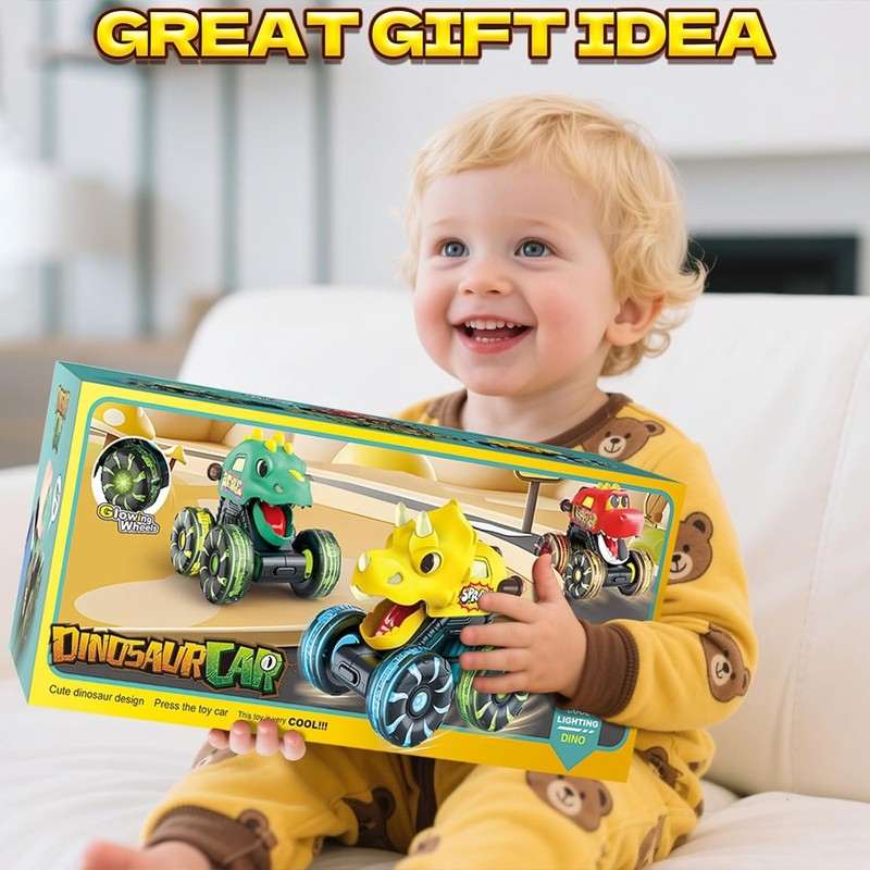 3 Pack Dinosaur Car Toys for Kids Toddlers, Light up Wheels Monster Truck Toys f6