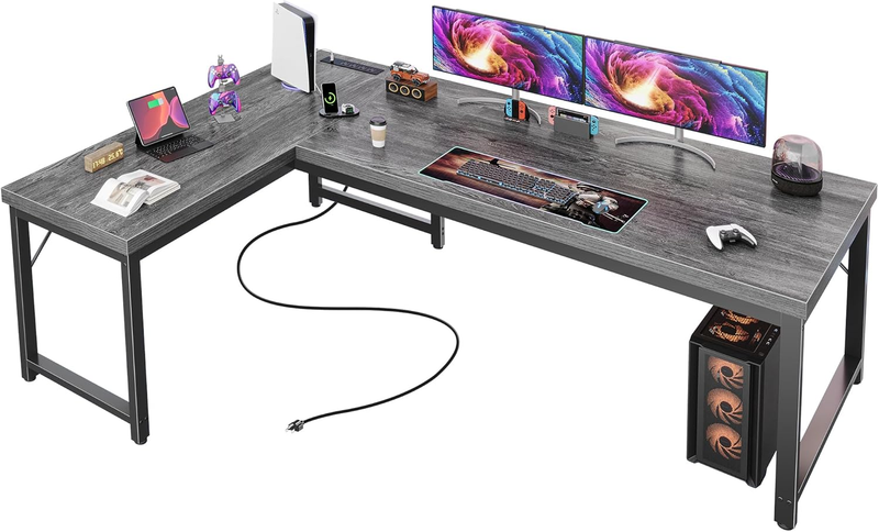 63'' L Shaped Desk w/ Power Outlets USB C Reversible Corner Desk Grey9