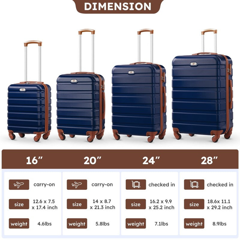 4 Piece Luggage Set Hardside Spinner Suitcase 16 20 24 28 Inch Navy Blue Tan1