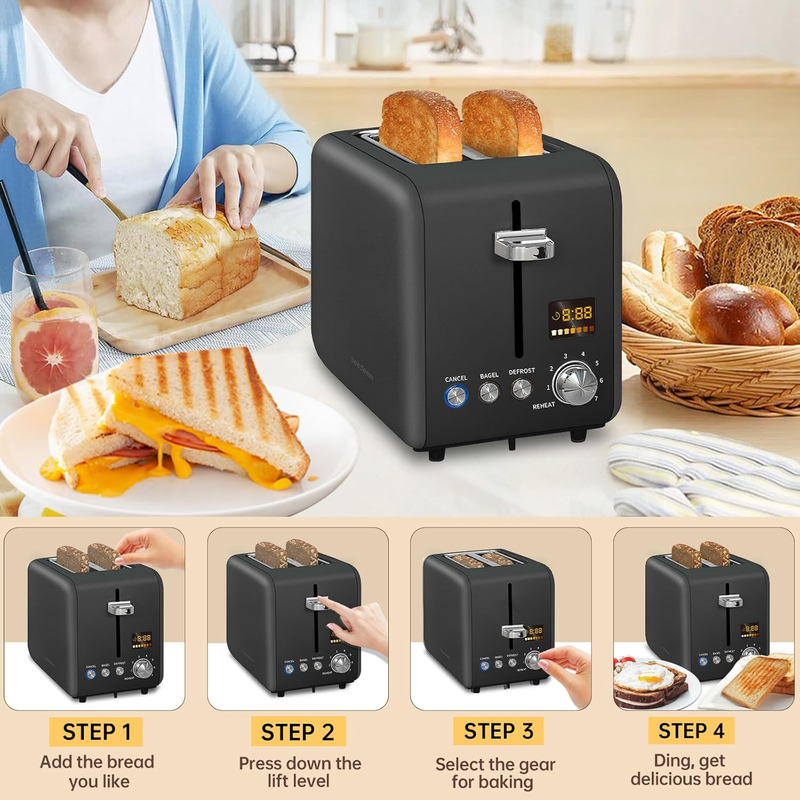 Dark Chocolate 2 Slice Stainless Steel Toaster - LCD, 7 Shades, Bagel, Defrost4