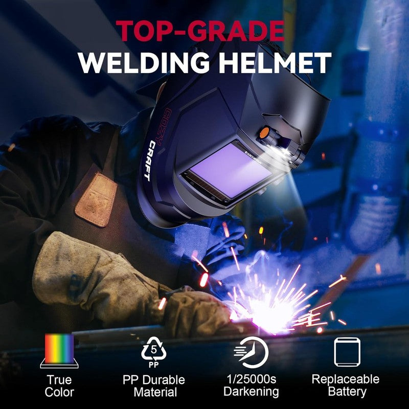 Large View 3.94" X 3.66" True Color Auto Darkening Welding Helmet with Light, So7