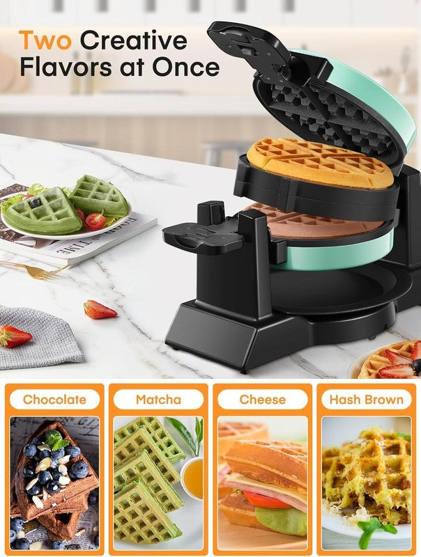 Double Belgian Waffle Maker 1400W Flip Iron Nonstick 8 Slice Mint Blue7