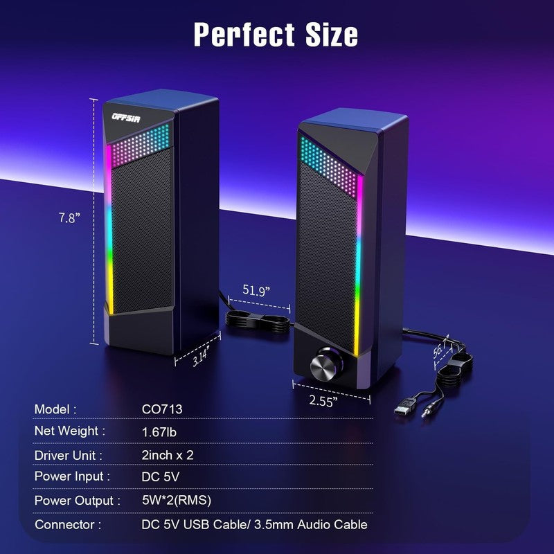 2in1 RGB Computer Speakers USB Powered 3.5mm Aux PC Gaming Desktop Black5
